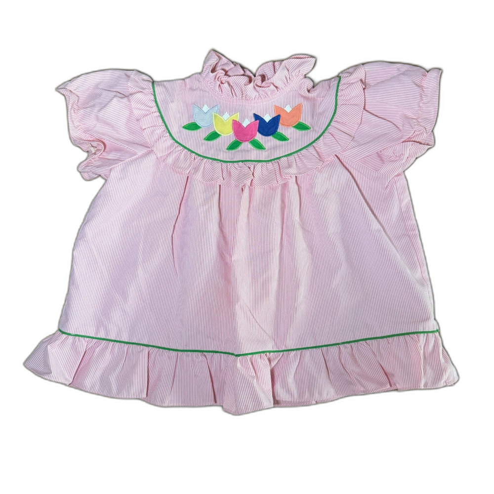 Vintage Alyssa Tulip Flower Pink Striped Puff Sleeve Dress Girls' 18 Months
